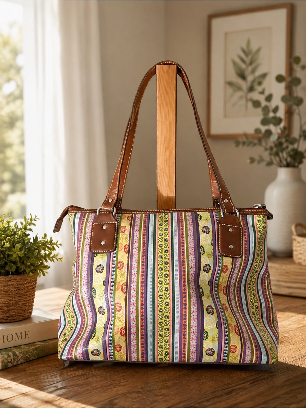 Boho Stripe Leather-Handle Tote Bag - Yellow